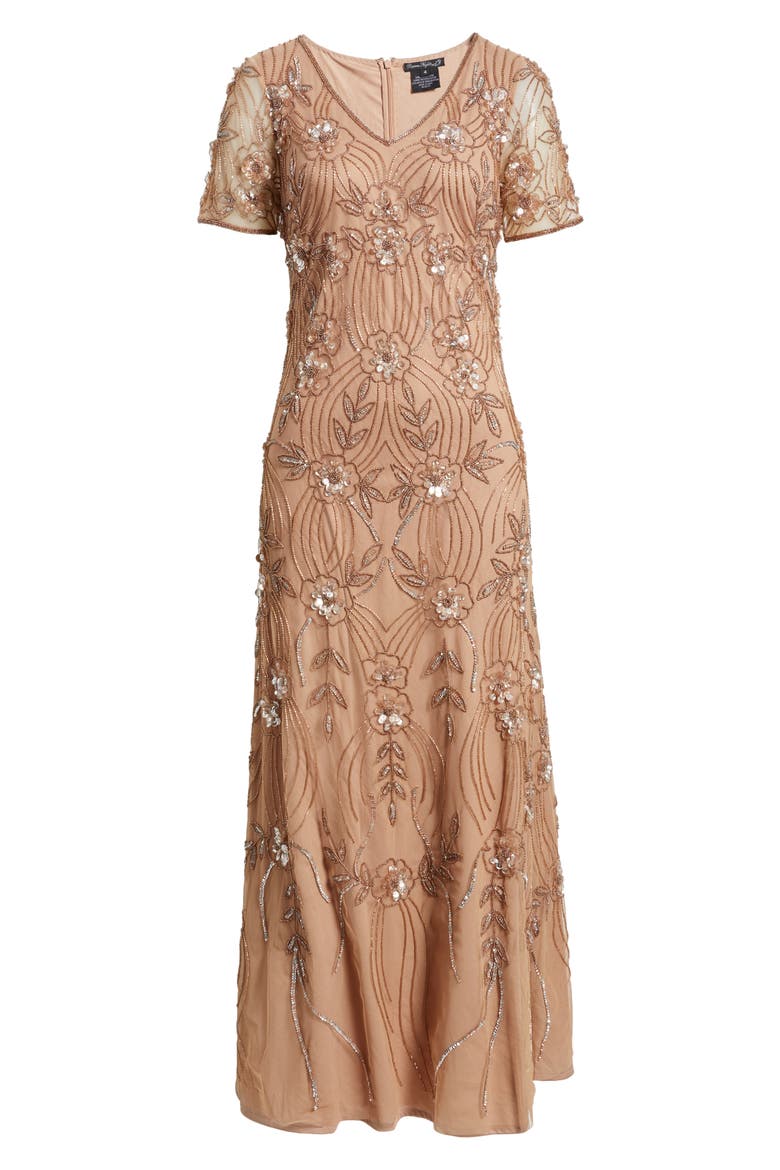 Beaded Tulle Gown, Alternate, color, MOCHA