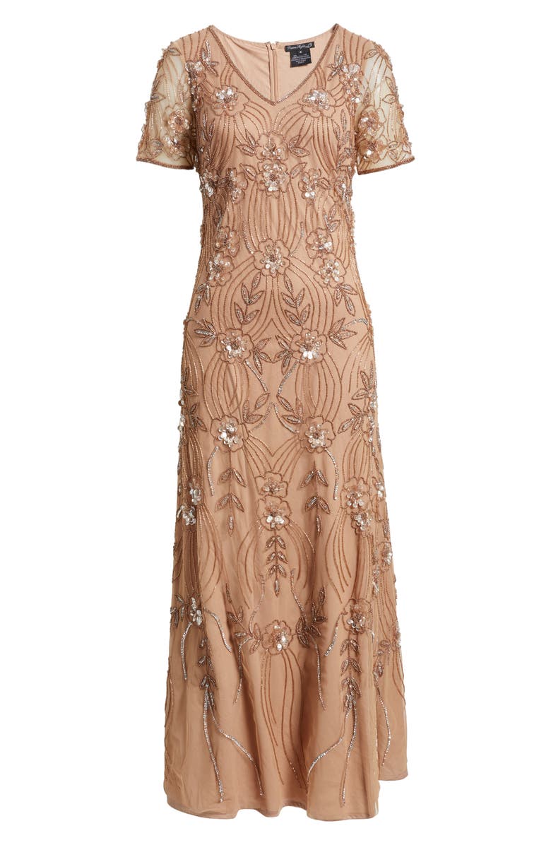 Pisarro Nights Beaded Tulle Gown, Alternate, color, Mocha
