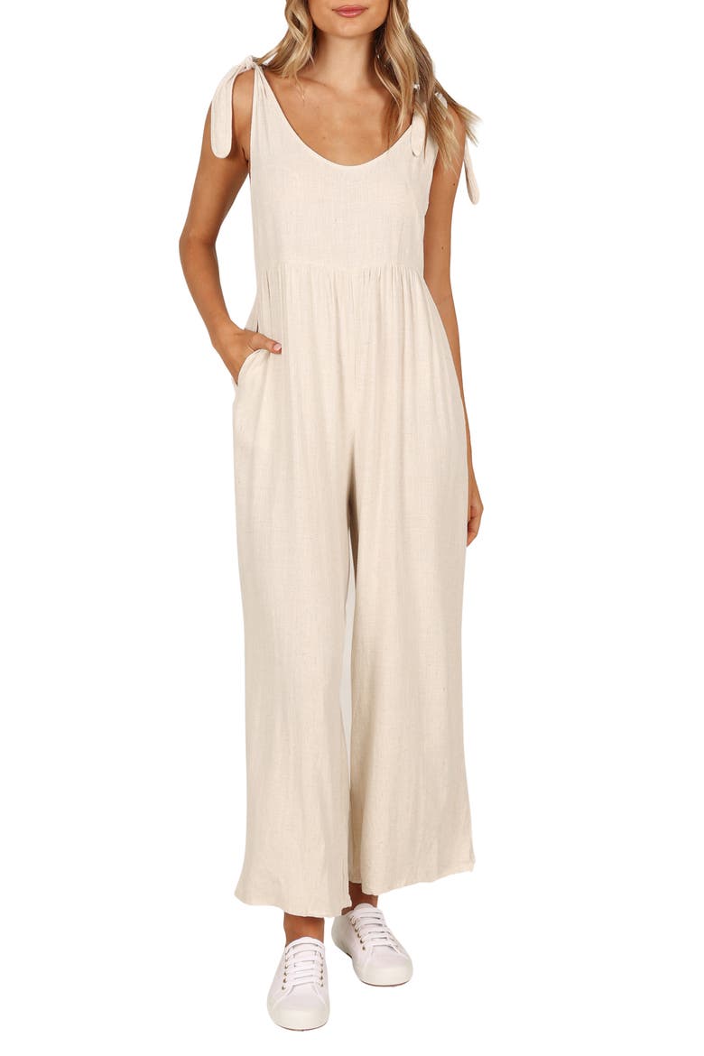 Ayla Tie Shoulder Wide Leg Linen Jumpsuit, Main, color, OATMEAL