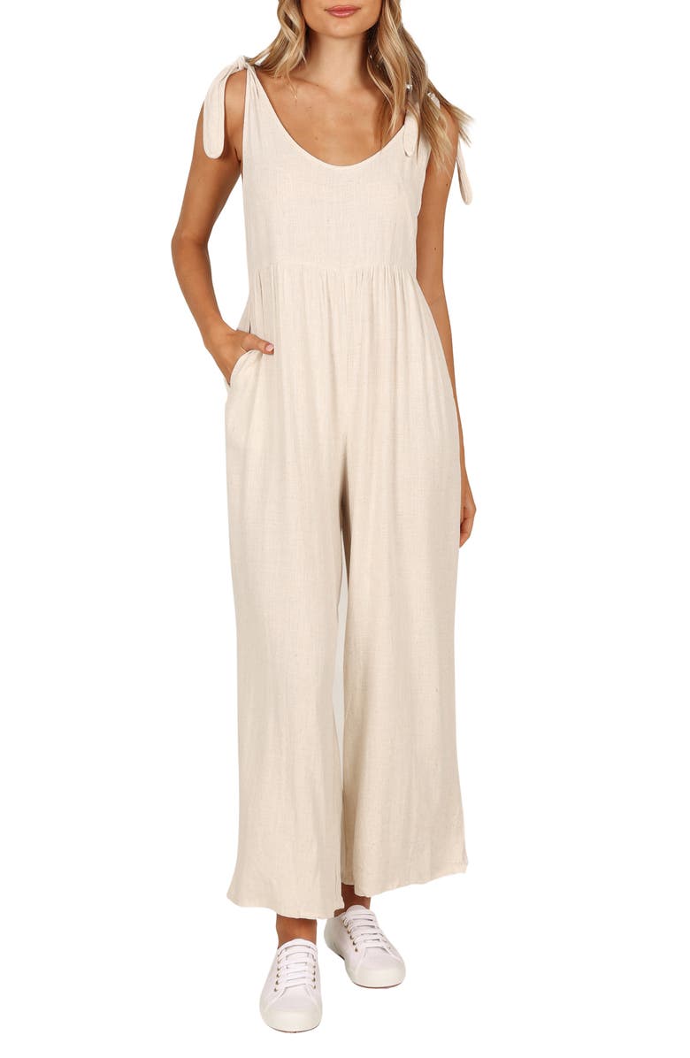 Petal & Pup Ayla Tie Shoulder Wide Leg Linen Jumpsuit, Main, color, Oatmeal
