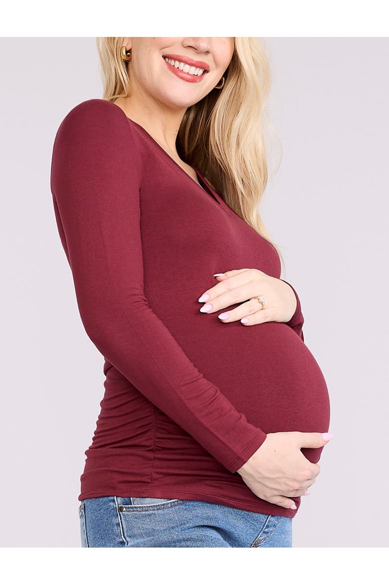 V-Neck Side-Ruched Maternity Long Sleeve Tee, Alternate, color, Tawny Port