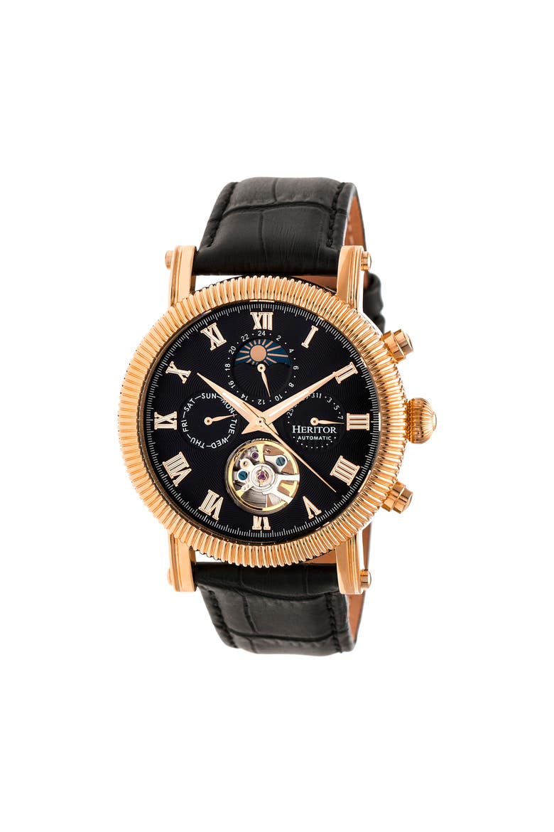 Winston Semi-Skeleton Leather-Band Watch, Main, color, Rose Gold/Black