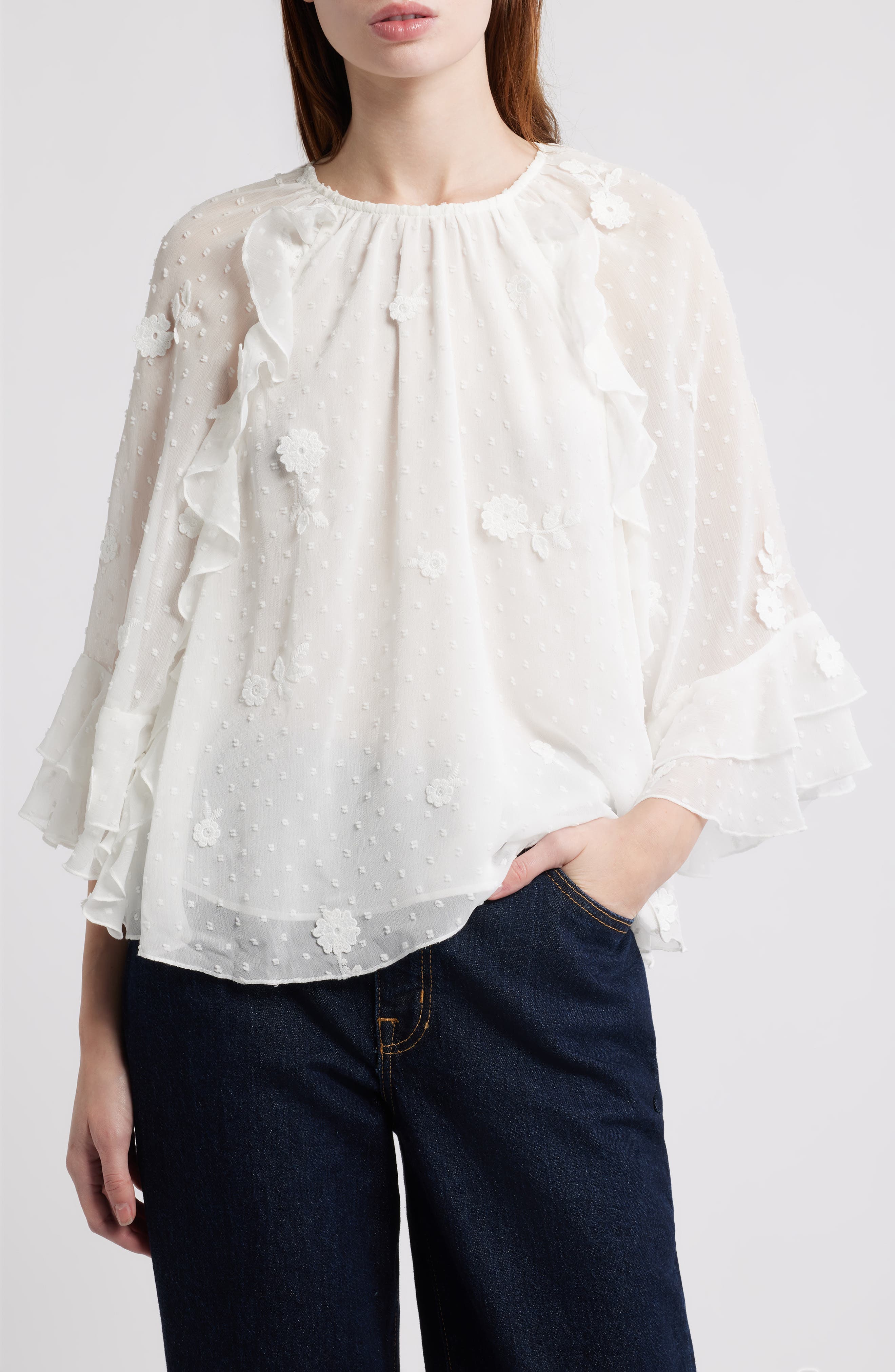 Treasure & Bond Floral Appliqué & Clip Dot Chiffon Top