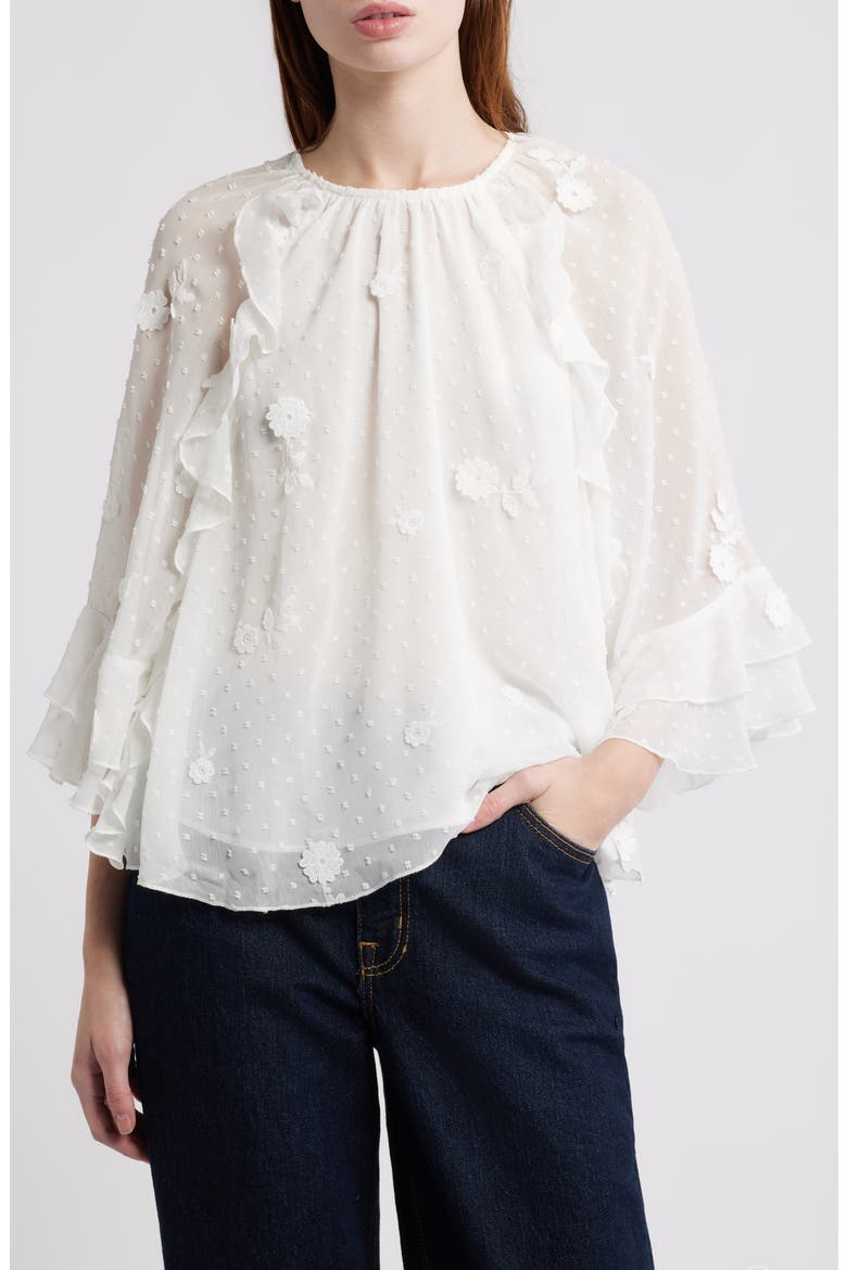 Floral Appliqué & Clip Dot Chiffon Top, Main, color, WHITE