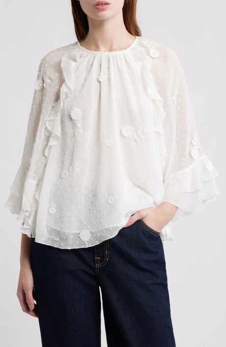 Treasure & Bond Floral Appliqué & Clip Dot Chiffon Top