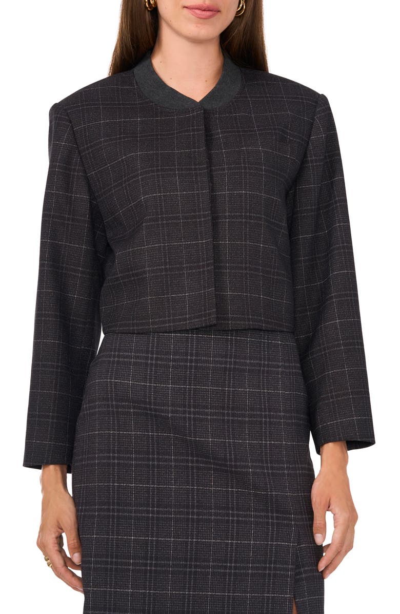 Vince Camuto Windowpane Plaid Crop Bomber Jacket, Main, color, Rich Black