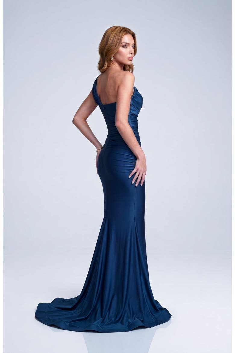 One-Shoulder Soft Draped Mermaid Gown, Alternate, color, Navy