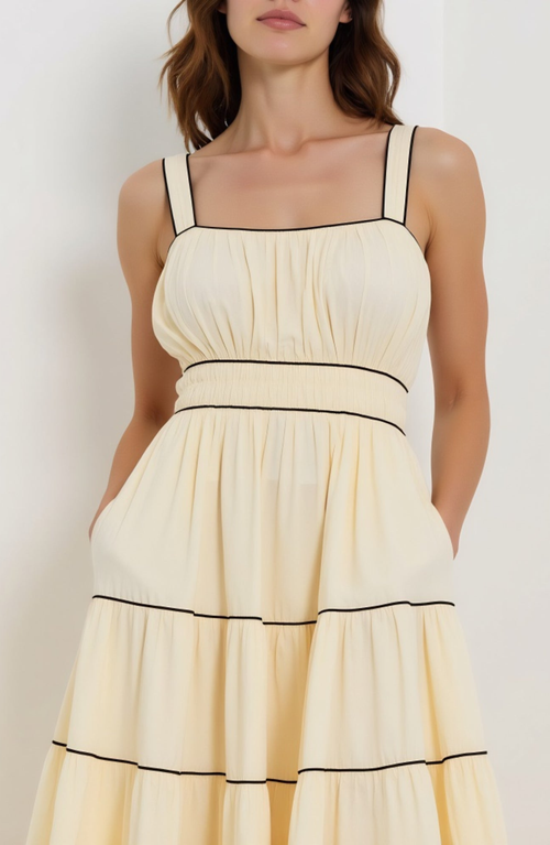 Modenaire Strappy Tiered Maxi Dress With Contrasting Trim And Flowing Silhouette In Yellow