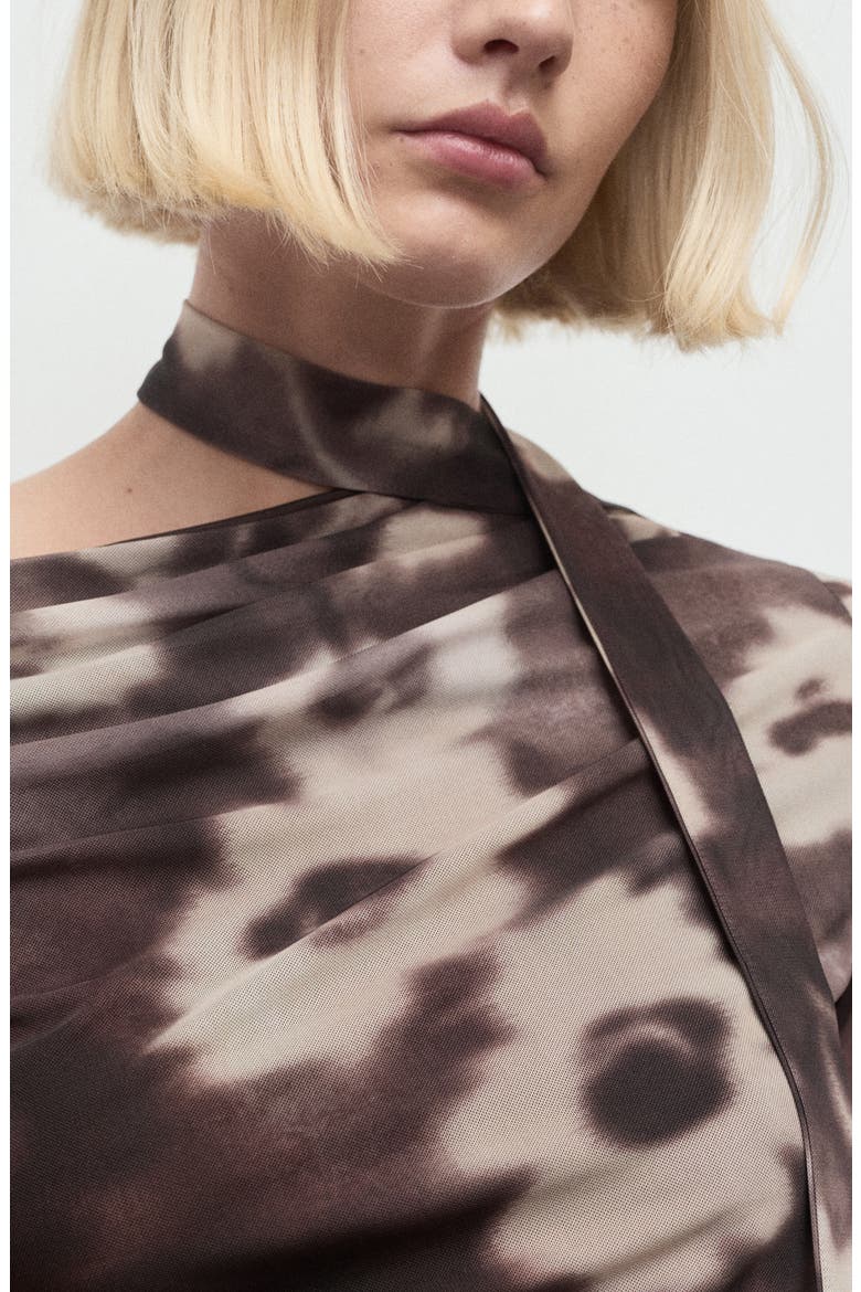 Floral One Shoulder Long Sleeve Mesh T-Shirt with Scarf, Alternate, color, BROWN