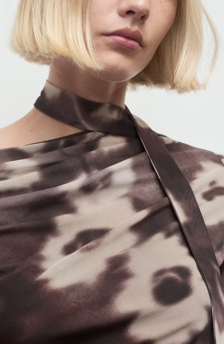 MANGO Floral One Shoulder Long Sleeve Mesh T-Shirt with Scarf, Alternate, color, Brown