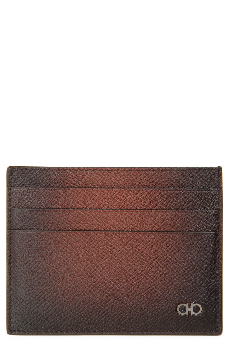 FERRAGAMO Micro Double Gancio Burnished Leather Card Case, Main, color, New Cognac Nero T Moro