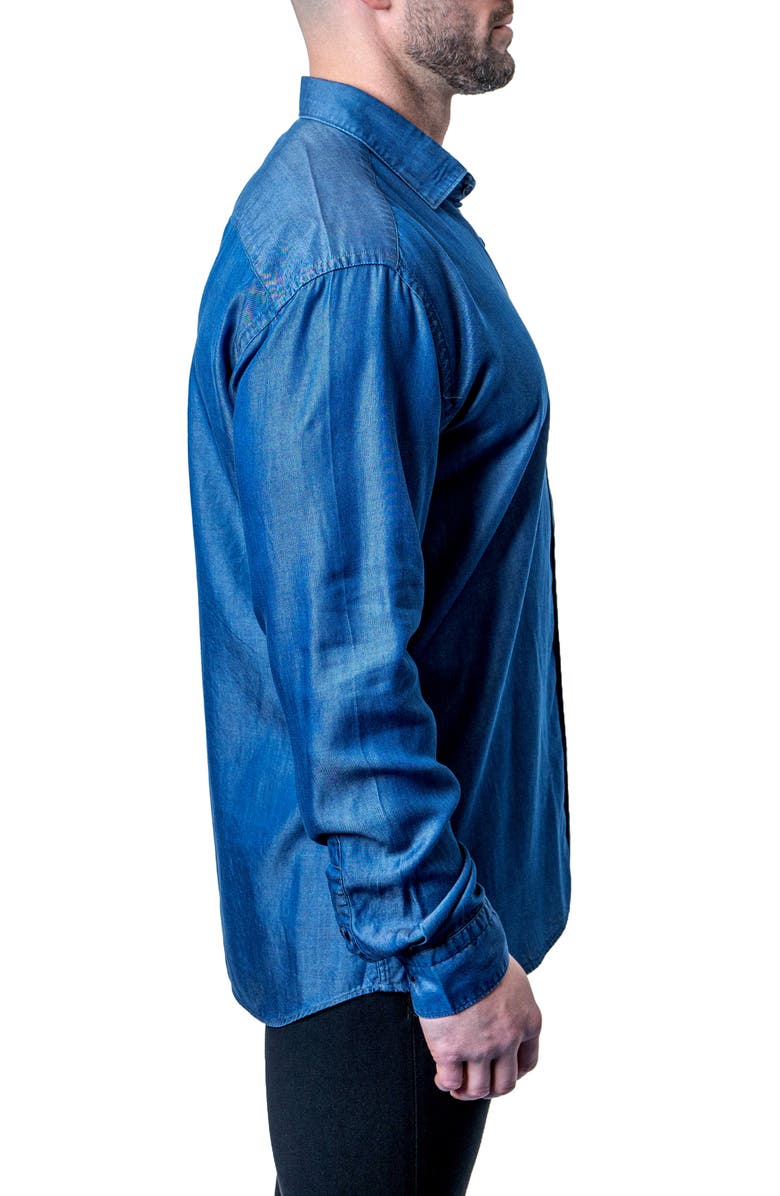 Maceoo Fibonacci Shiny Denim Blue Button-Up Shirt, Alternate, color, Blue