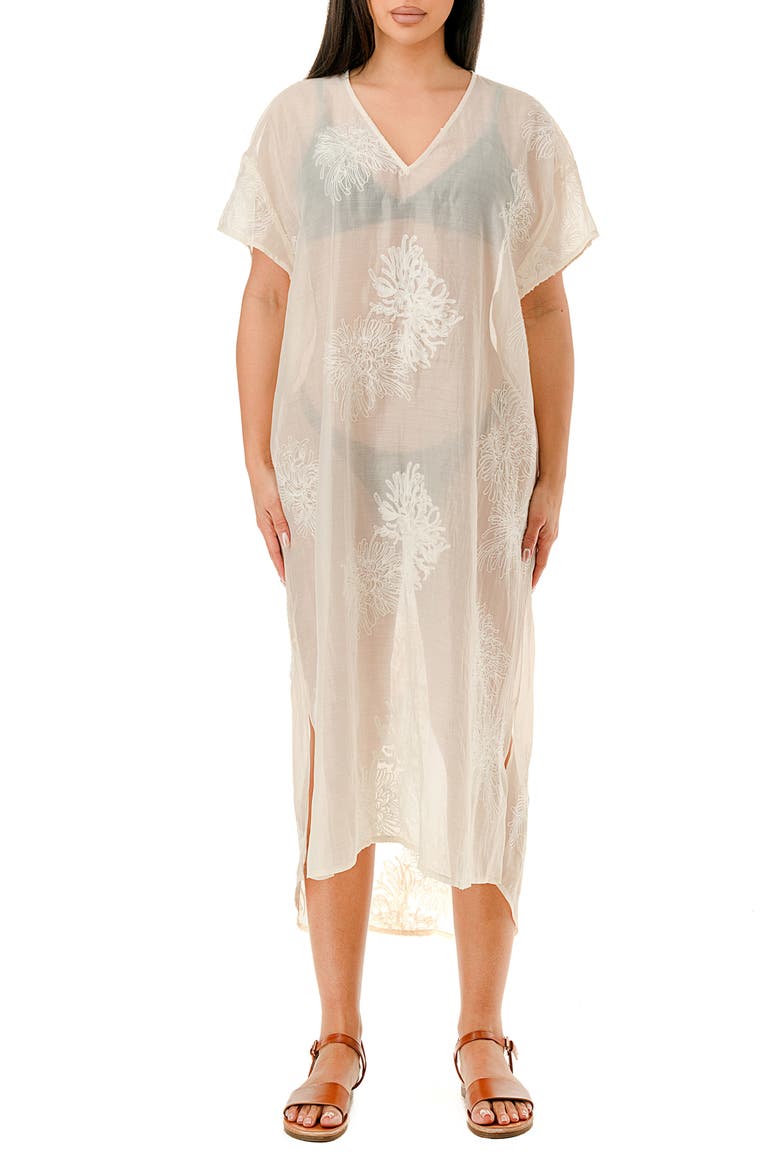 Embroidered Sheer Caftan, Main, color, IVORY