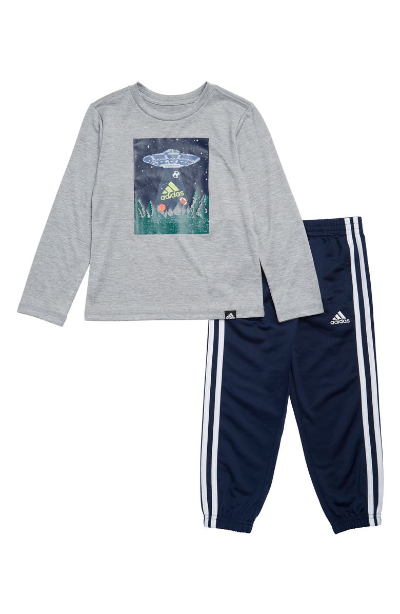 adidas Kids' Long Sleeve Graphic T-Shirt & Tricot Pants Set, Main, color, 
