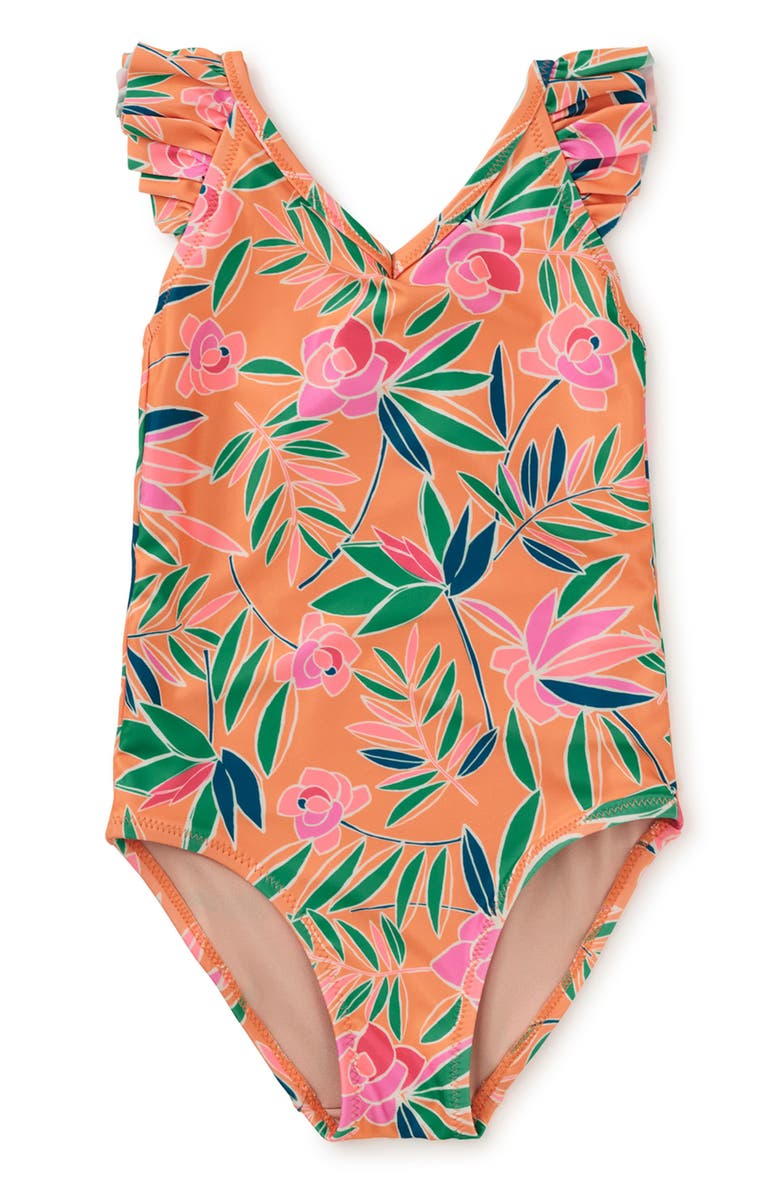 Tea Collection Ruffle One-Piece Swimsuit, Main, color, Tropical Gardenias