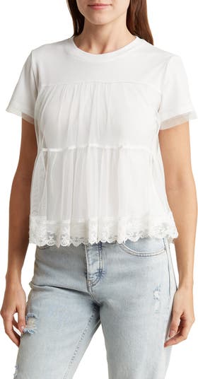 Short Sleeve Embroidered Mesh Babydoll Top