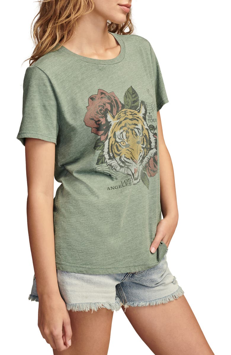 Lucky Brand Tiger Roses Tour '90 Classic Crewneck Graphic T-Shirt, Alternate, color,