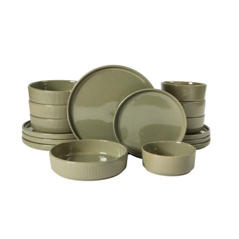 Highspire 16 Piece Embossed Stoneware Dinnerware Set for 4, Plates and Bowls