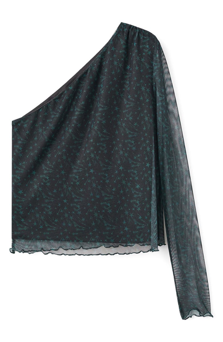 MANGO TEEN Star Print One-Shoulder Mesh Top, Alternate, color, Green
