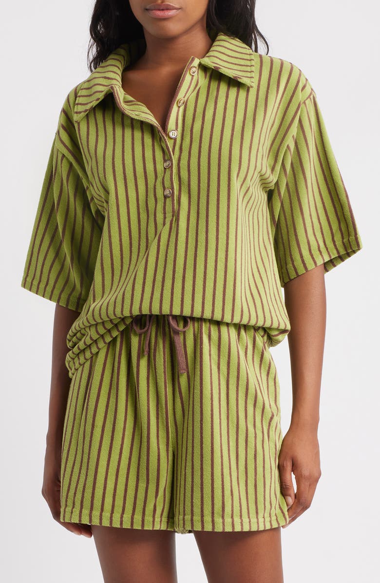 Topshop Stripe Boxy Terry Polo, Main, color, Mid Green
