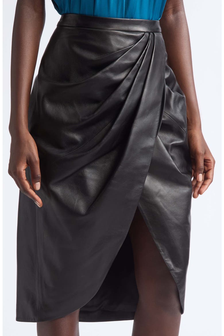 Draped High Waist Leather Midi Skirt, Alternate, color, 0PA BLACK