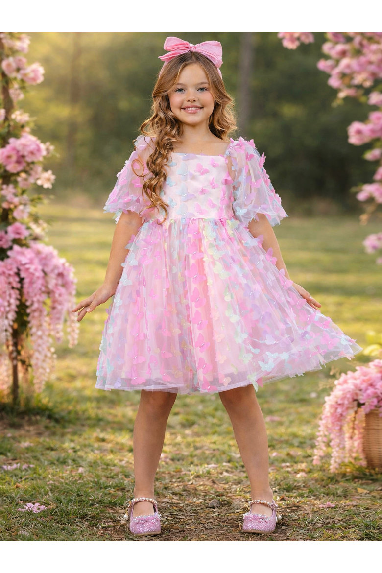 Butterfly Bliss 3D Applique Party Dress, Alternate, color, Pink