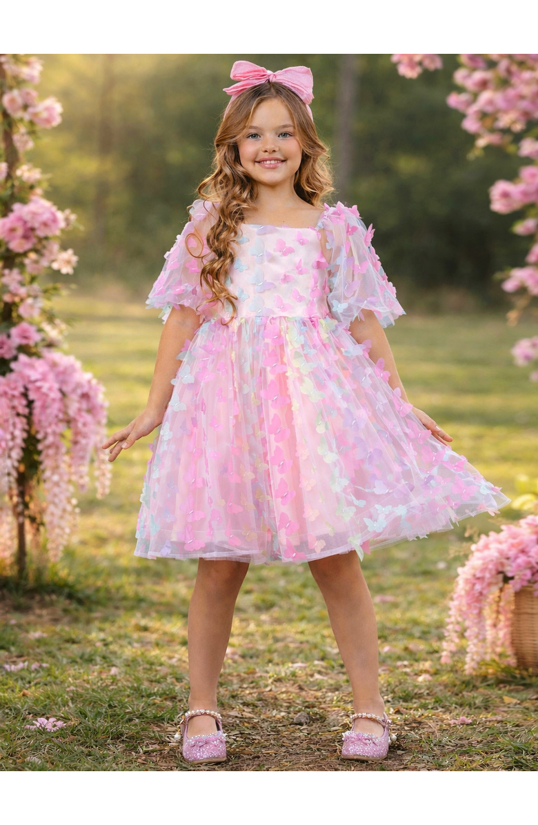 Mia Belle Girls Butterfly Bliss 3D Applique Party Dress, Alternate, color, Pink