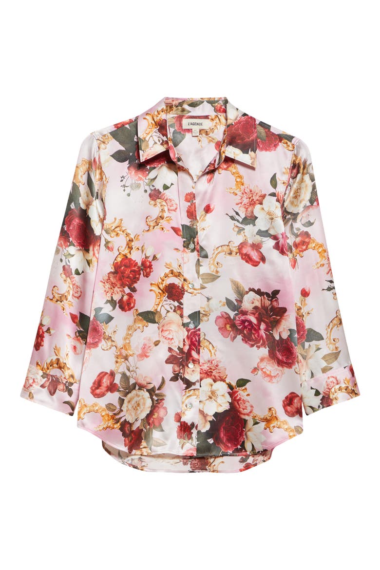 Dani Three Quarter Sleeve Silk Button-Up Shirt, Alternate, color, PINK MULTI ROCOCO
