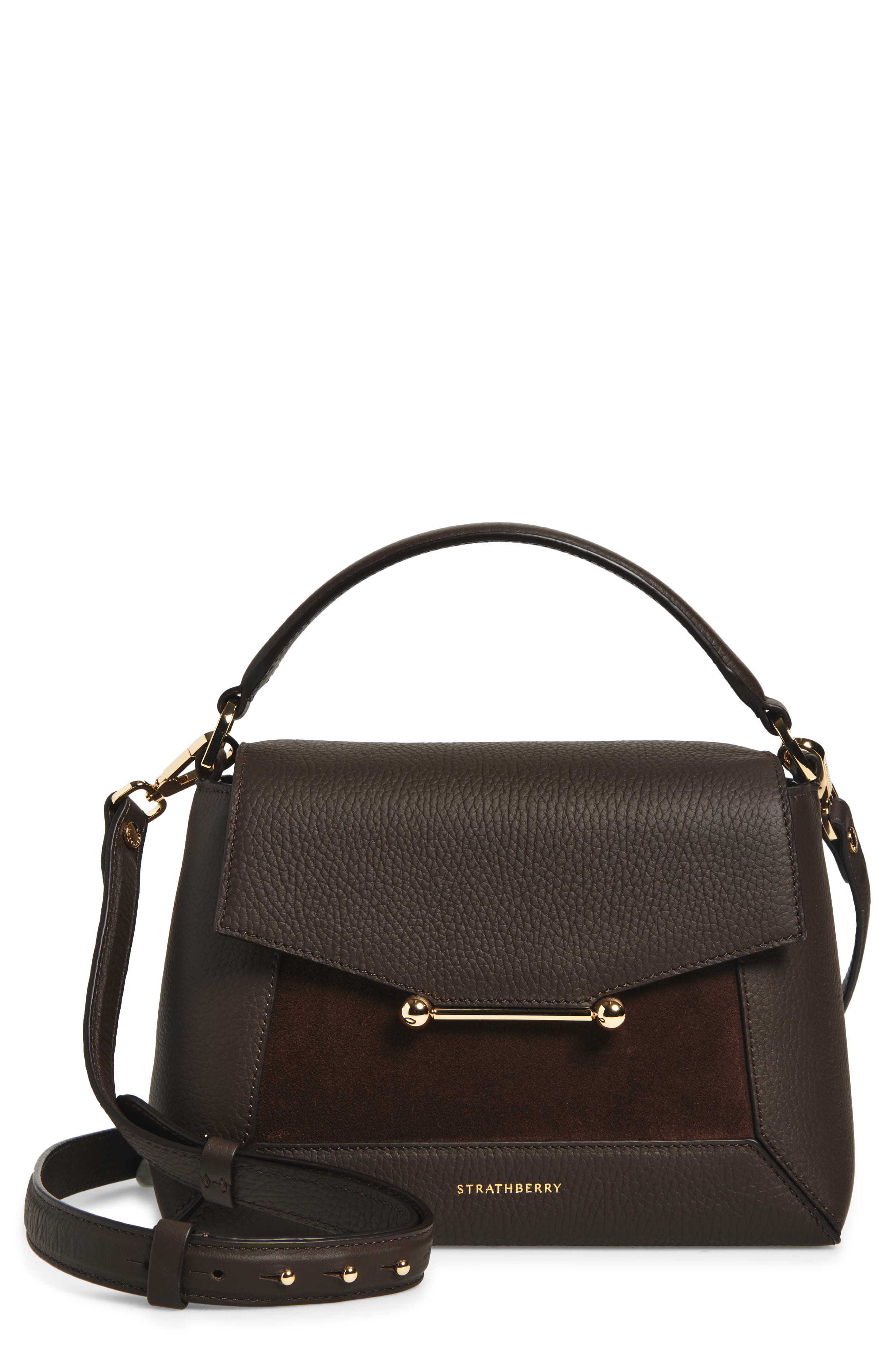 Strathberry Nano Mosaic Leather & Suede Top Handle Bag, Main, color, Dark Chocolate
