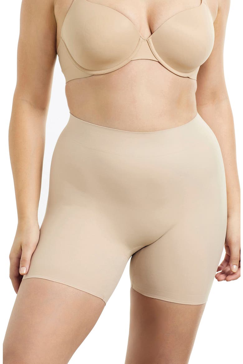 Sleek Essentials Mid Thigh Shaping Shorts, Main, color, WARM BEIGE