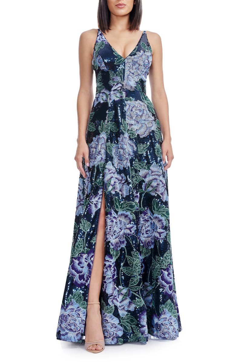 Dress the Population Alyssa Floral Gown, Main, color, Navy Multi