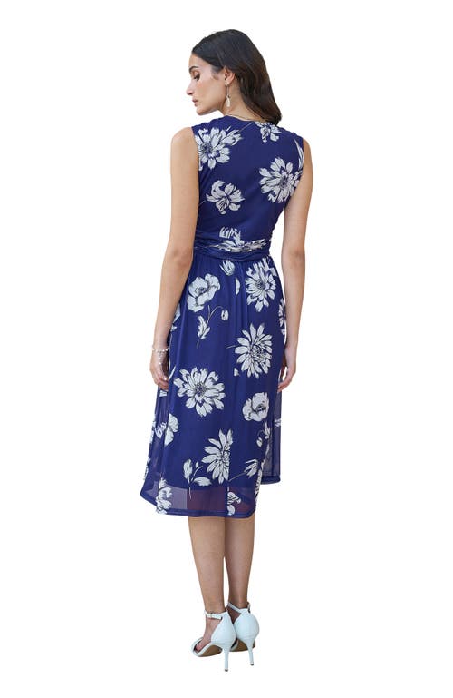 Yumi Floral Print Stretch Mesh Dress In Blue