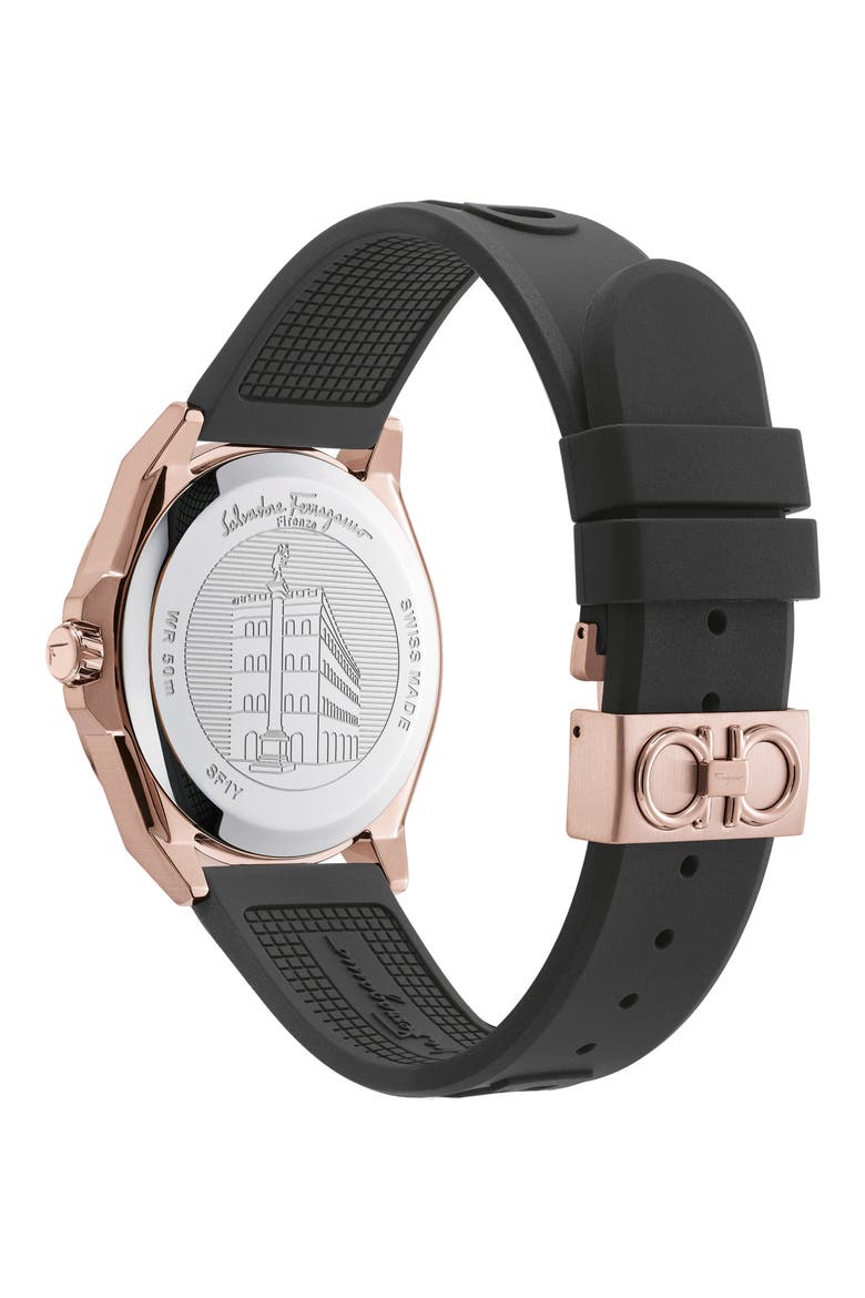 Salvatore Ferragamo Urban Silicon Strap Watch, 43mm, Alternate, color, BLACK/ ROSE GOLD