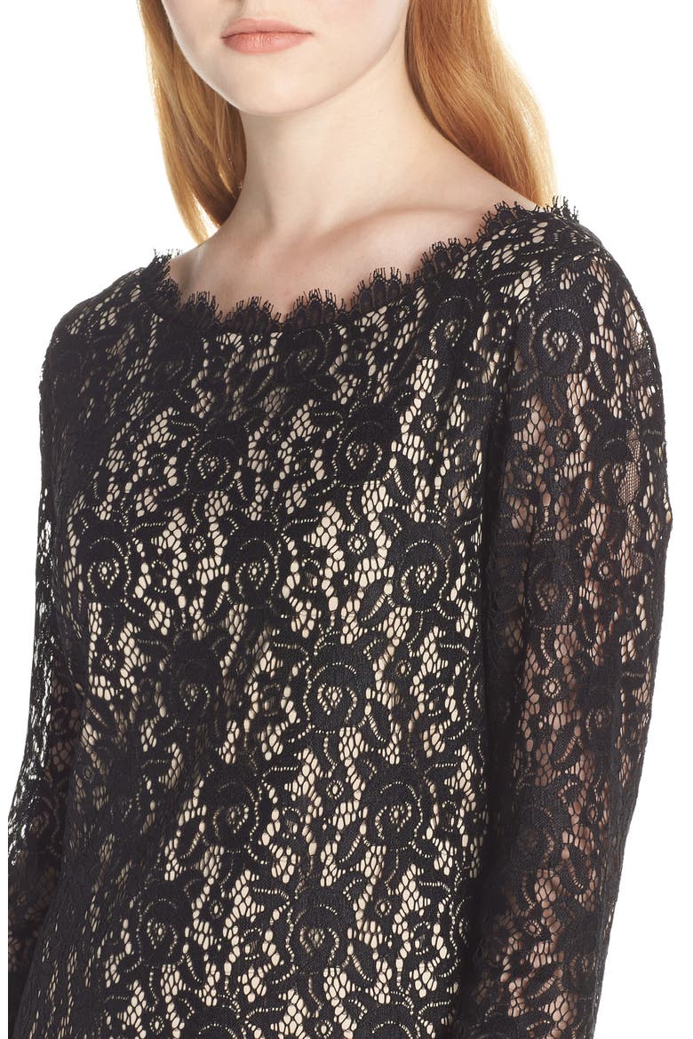 Long Sleeve Lace Cocktail Dress, Alternate, color, BLACK/ NUDE