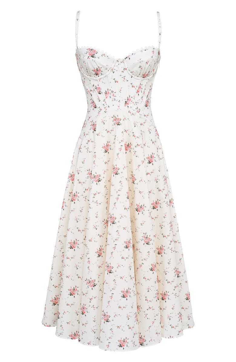 HOUSE OF CB Steffani Floral Corset Midi Sundress, Alternate, color, White Vintage Rose Print