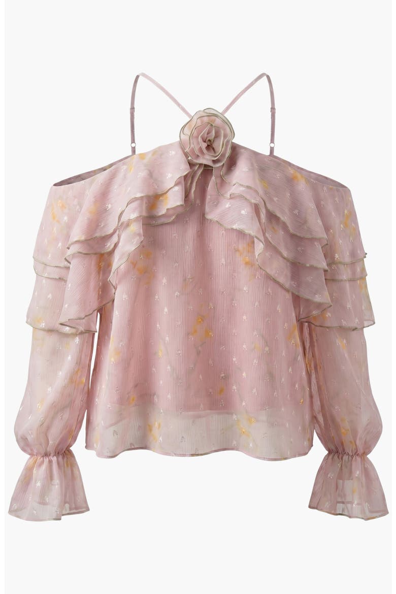 Sheer Cold-Shoulder Floral Applique Ruffle Trim Blouse, Alternate, color, Blush Pink
