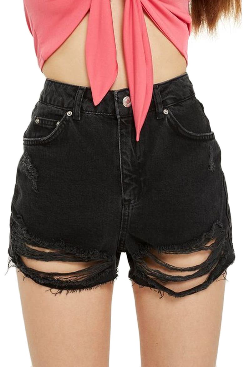 Ripped Denim Mom Shorts, Main, color, WASHED BLACK
