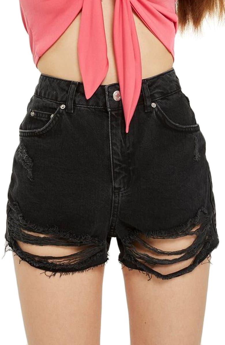 Topshop Ripped Denim Mom Shorts, Main, color, 