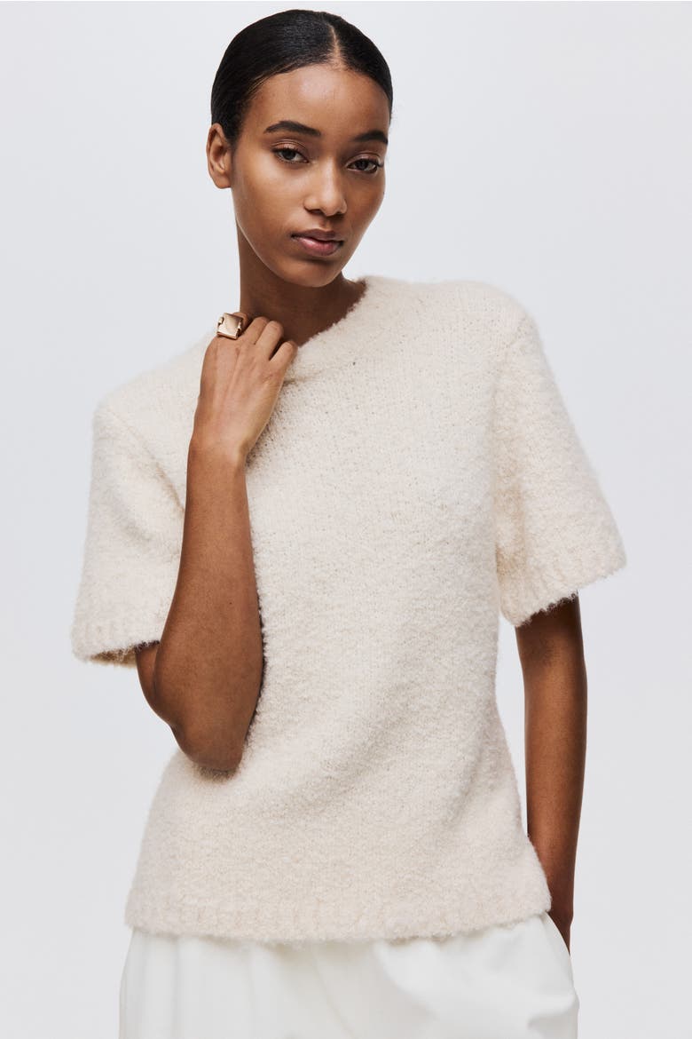 Bouclé-knit T-shirt, Alternate, color, Cream