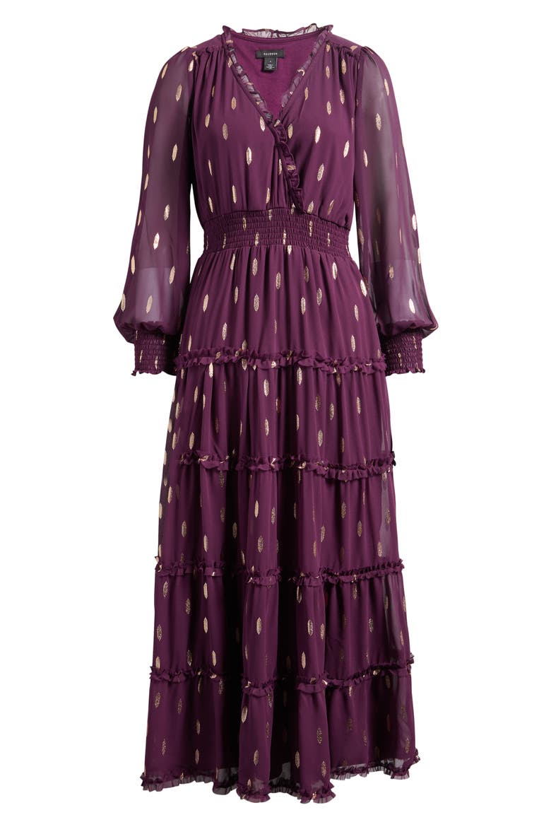 Metallic Fleck Long Sleeve Tiered Dress, Alternate, color, MERLOT