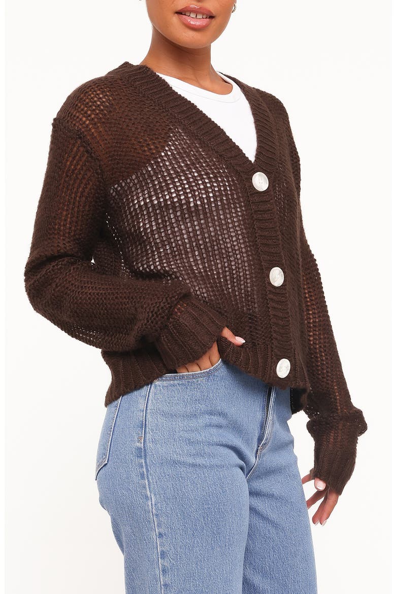 Gardner Open Stitch V-Neck Cardigan, Alternate, color, COFFEE