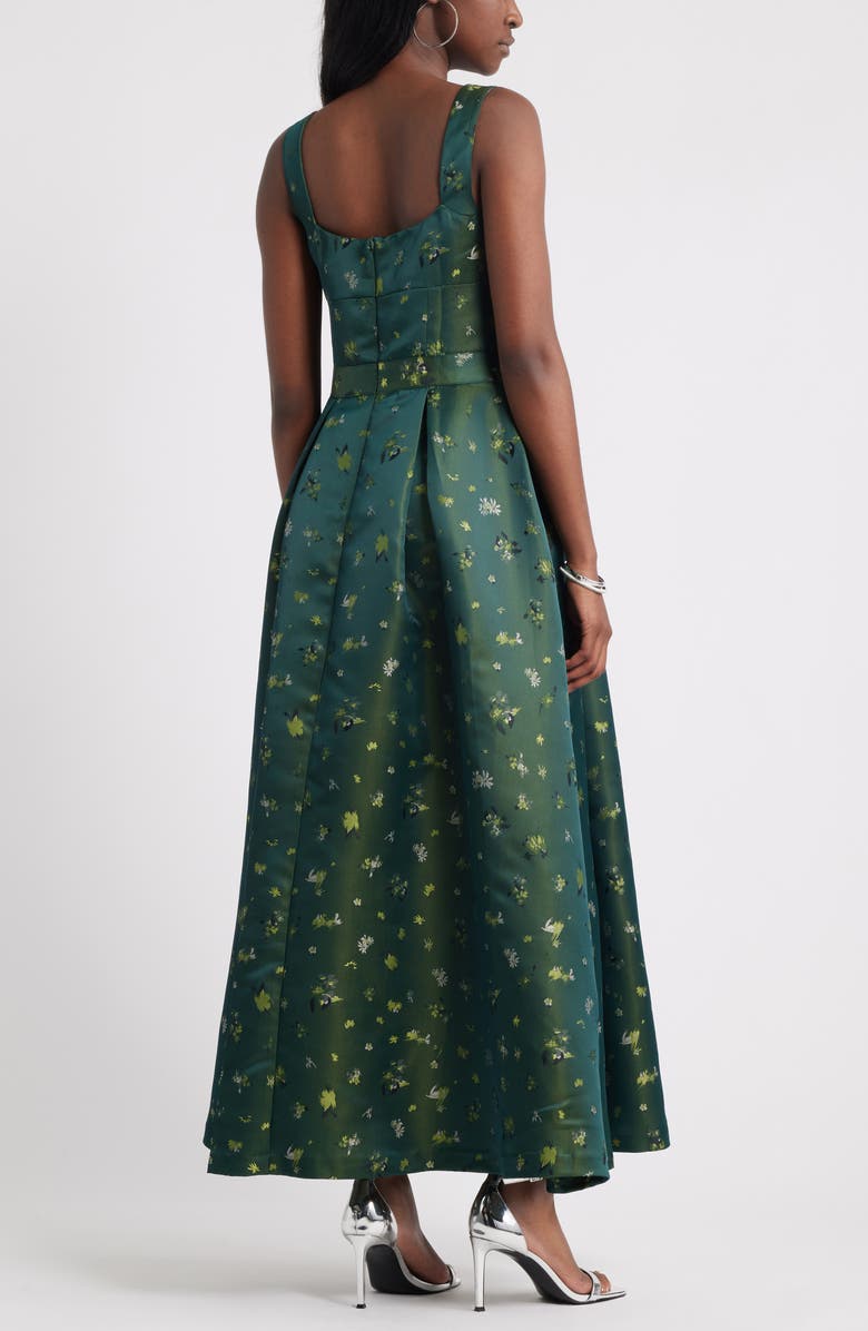 Pleated Seamed Bodice Jacquard Maxi Cocktail Dress