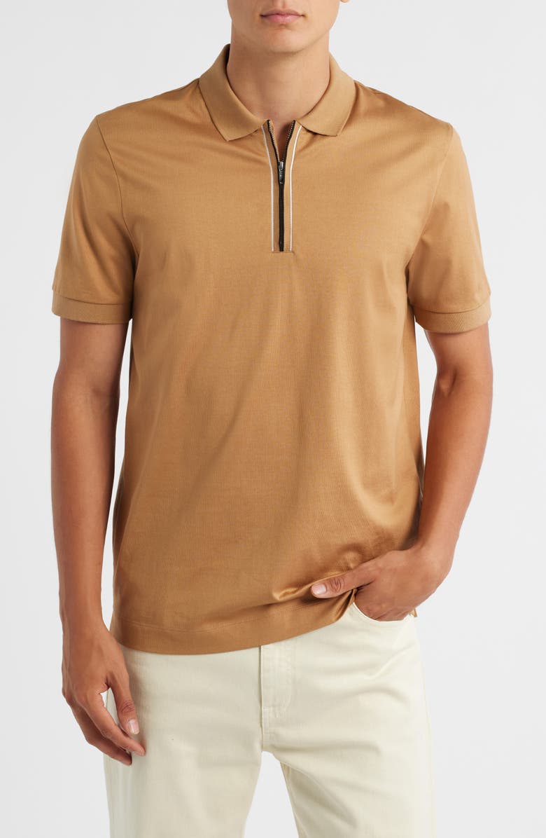 BOSS Paras Quarter Zip Cotton Polo, Main, color, Medium Beige