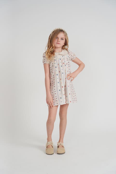 Girls Floral Printed Dress, Cream, 100% Cotton, 3/4 Sleeve
