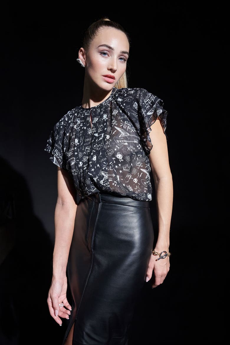 Printed Silk Geogette Blouse, Alternate, color, Black