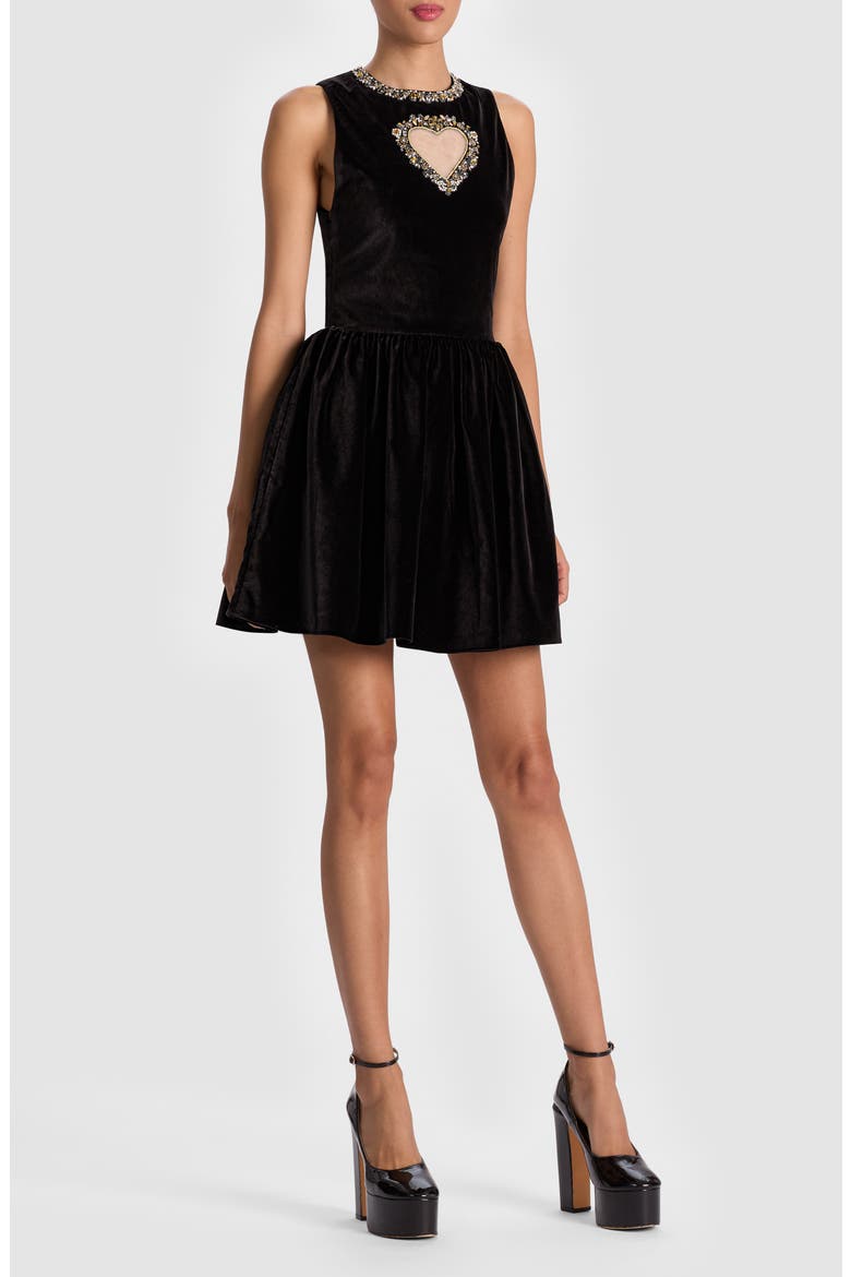 Ella Crystal Embellished Illusion Heart Cutout Velvet Minidress, Alternate, color, BLACK