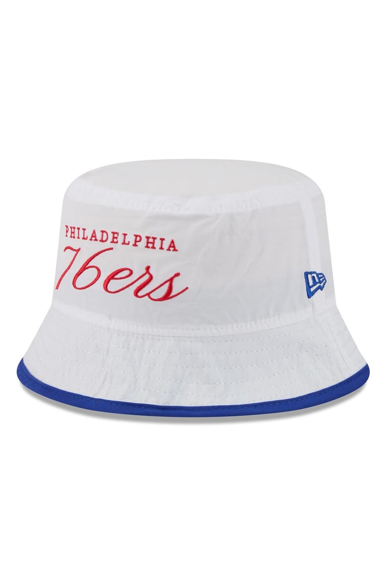 Men's New Era White/Royal Philadelphia 76ers 2025 NBA Draft Nylon Bucket Hat, Alternate, color, White