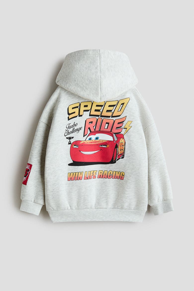 Loose-fit Printed Hoodie, Alternate, color, Light gray melange/Cars