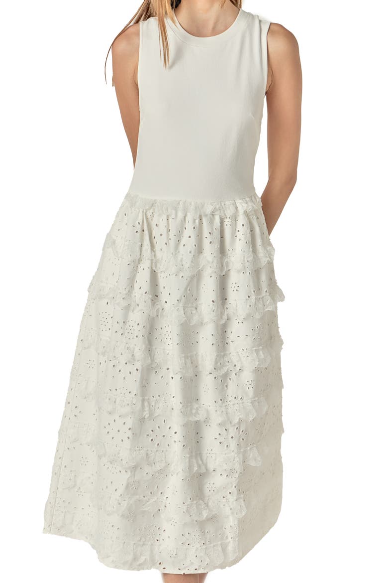 Ruffle & Eyelet Mixed Media Sleeveless Midi Dress, Alternate, color, WHITE