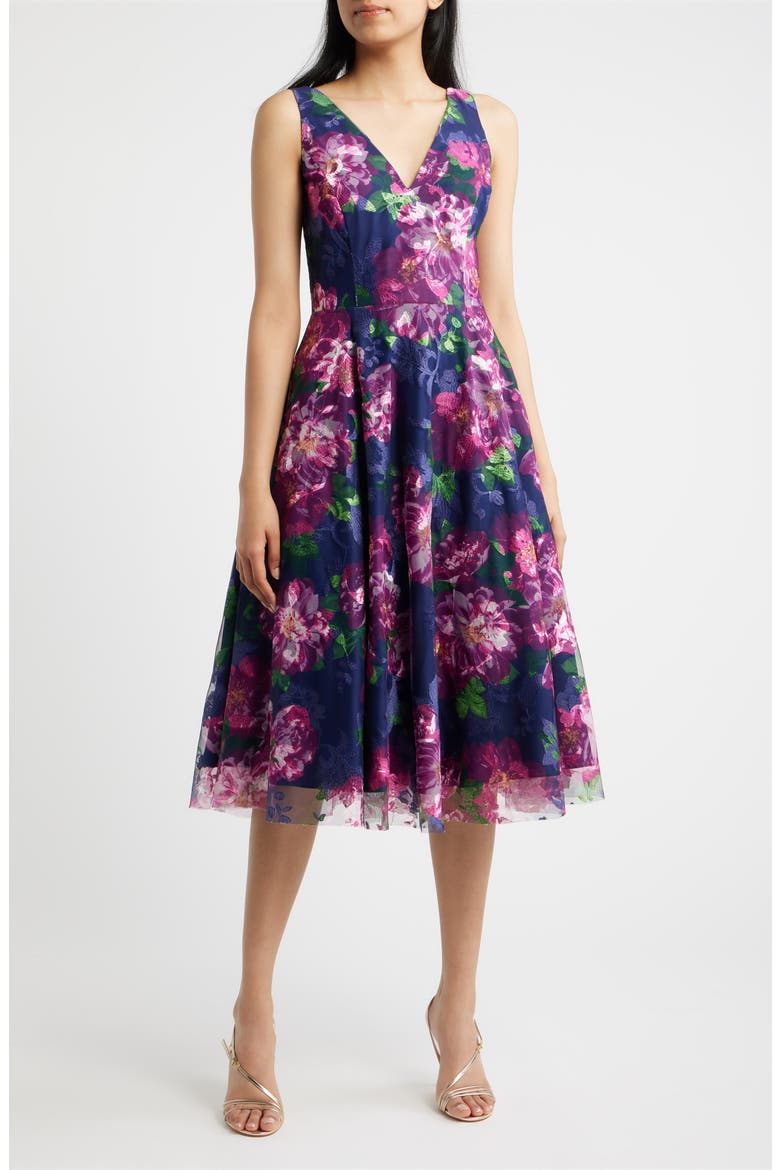 Floral Print Sleeveless Fit & Flare Cocktail Dress, Main, color, NAVY MULTI